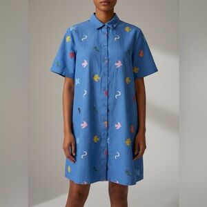 GORMAN BIRDS & FLOWERS EMBROIDERED ORGANIC COTTON SHIRT DRESS RESORT POOLSIDE